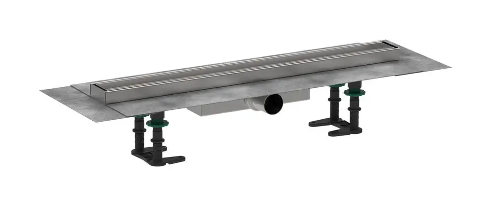 Duschrinne aus Edelstahl mit flacher Bauweise, geeignet für die befliesbare Installation. Anordnung mit Verbindungen und Klips zur Stabilisierung. Marke: Hansgrohe.
